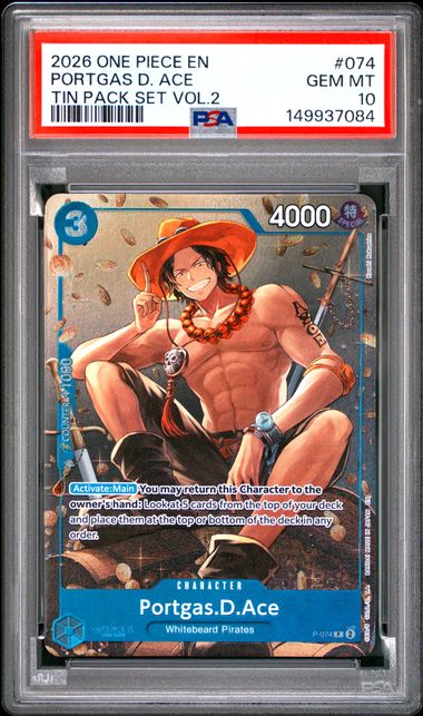 2026 ONE PIECE PROMOS #074 PORTGAS D. ACE TIN PACK SET VOL.2 PSA 10
