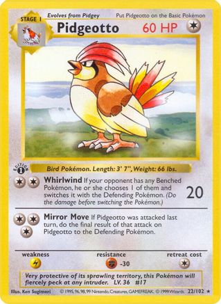 Pidgeotto 022/102  - Unlimited Base Set Shadowless - Rare