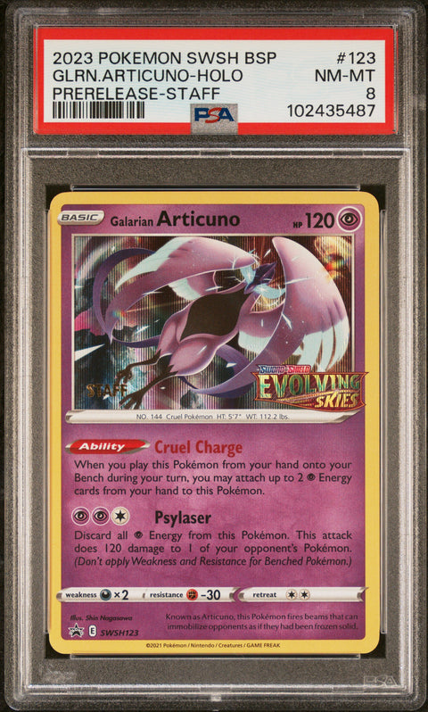 2023 POKEMON SWSH BLACK STAR PROMO #123 GLRN.ARTICUNO-HOLO PRERELEASE-STAFF PSA 8