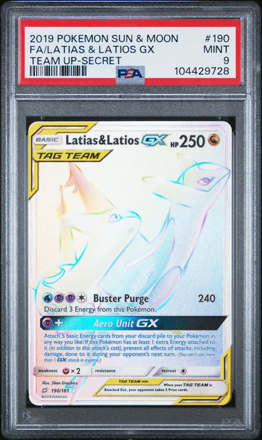 2019 POKEMON SUN & MOON TEAM UP #190 FA/LATIAS & LATIOS GX TEAM UP-SECRET PSA 9
