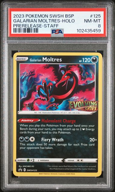 2023 POKEMON SWSH BLACK STAR PROMO #125 GALARIAN MOLTRES-HOLO PRERELEASE-STAFF PSA 8