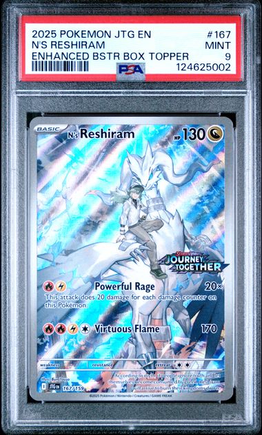 2025 POKEMON JTG EN-JOURNEY TOGETHER #167 N'S RESHIRAM ENHANCED BSTR BOX TOPPER PSA 9