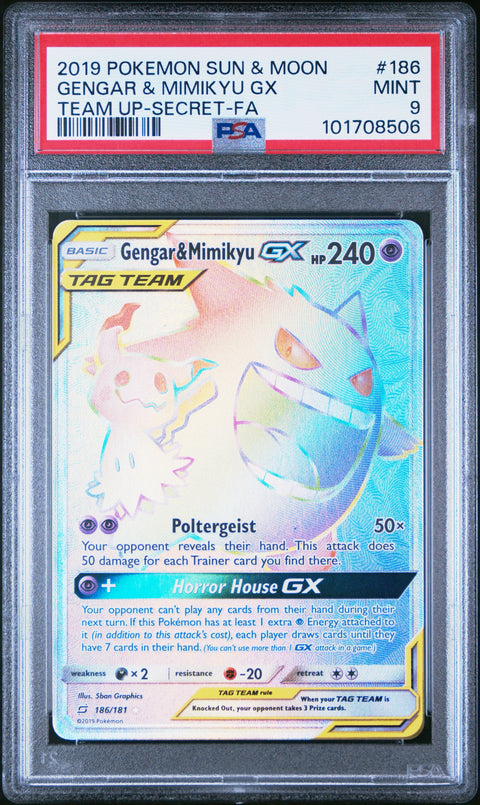 PSA 9 #186 GENGAR & MIMIKYU GX TEAM UP SECRET FULL ART