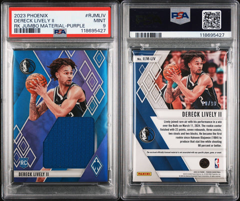 2023 PANINI PHOENIX ROOKIE JUMBO MATERIALS #RJMLIV DERECK LIVELY II RK JUMBO MATERIAL-PURPLE PSA 9