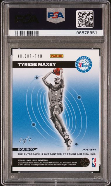 2020 PANINI FLUX EQUINOX ROOKIE AUTOGRAPHS #TYM TYRESE MAXEY EQNX RK AU-BLK 1/1 PSA 10