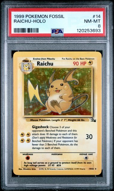 1999 POKEMON FOSSIL #14 RAICHU-HOLO PSA 8