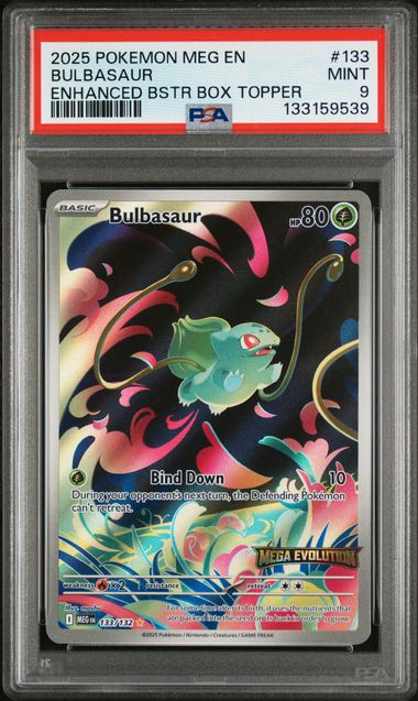 2025 POKEMON MEG EN-MEGA EVOLUTION #133 BULBASAUR ENHANCED BSTR BOX TOPPER PSA 9