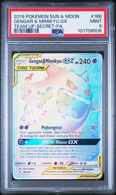 2019 POKEMON SUN & MOON TEAM UP #186 GENGAR & MIMIKYU GX TEAM UP-SECRET-FA PSA 9