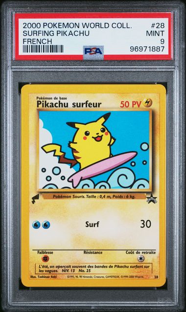 2000 POKEMON PIKACHU WORLD COLLECTION #28 SURFING PIKACHU FRENCH PSA 9
