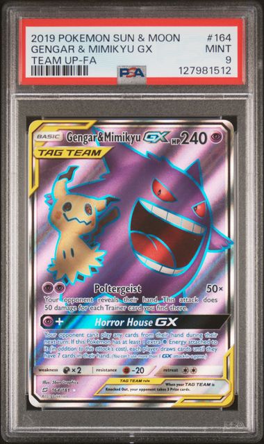 2019 POKEMON SUN & MOON TEAM UP #164 GENGAR & MIMIKYU GX TEAM UP-FA PSA 9