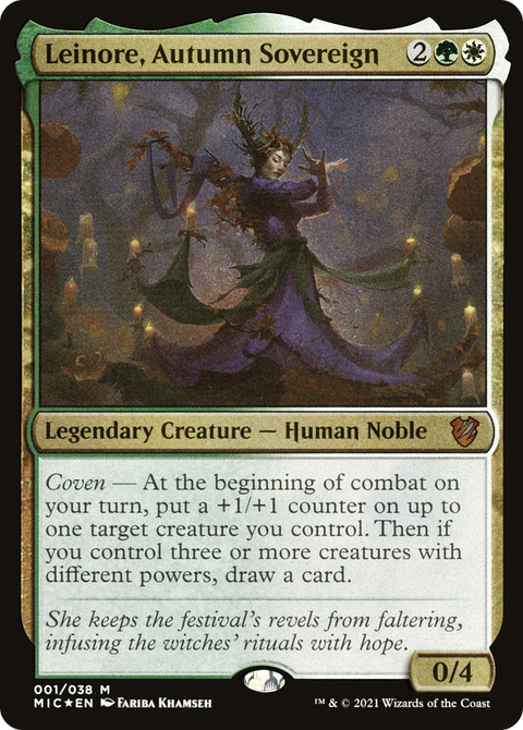 Leinore, Autumn Sovereign (Display Commander) - Thick Stock (MIC-001) - Midnight Hunt Commander Display Commanders Etched Foil
