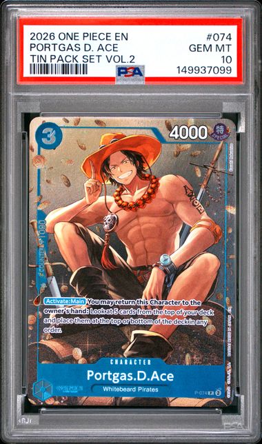 2026 ONE PIECE PROMOS #074 PORTGAS D. ACE TIN PACK SET VOL.2 PSA 10