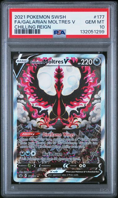 2021 POKEMON SWORD & SHIELD CHILLING REIGN #177 FA/GALARIAN MOLTRES V CHILLING REIGN PSA 10