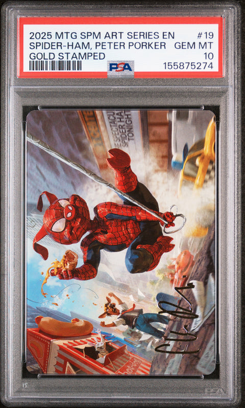 2025 MAGIC THE GATHERING MARVEL'S SPIDER-MAN ART SERIES #19 SPIDER-HAM, PETER PORKER GOLD STAMPED PSA 10