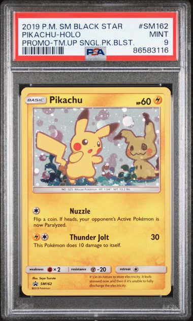 2019 POKEMON SM BLACK STAR PROMO #SM162 PIKACHU-HOLO PROMO-TM.UP SNGL.PK.BLST. PSA 9