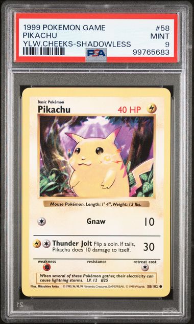 PSA 9 1999 POKEMON GAME #58 Player	PIKACHU  YLW.CHEEKS-SHADOWLESS