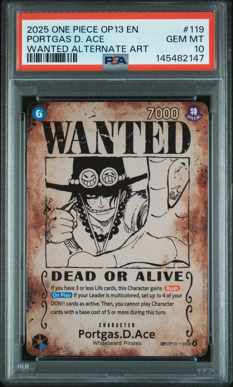 2025 ONE PIECE OP13-CARRYING ON HIS WILL #119 PORTGAS D. ACE WANTED ALTERNATE ART PSA 10