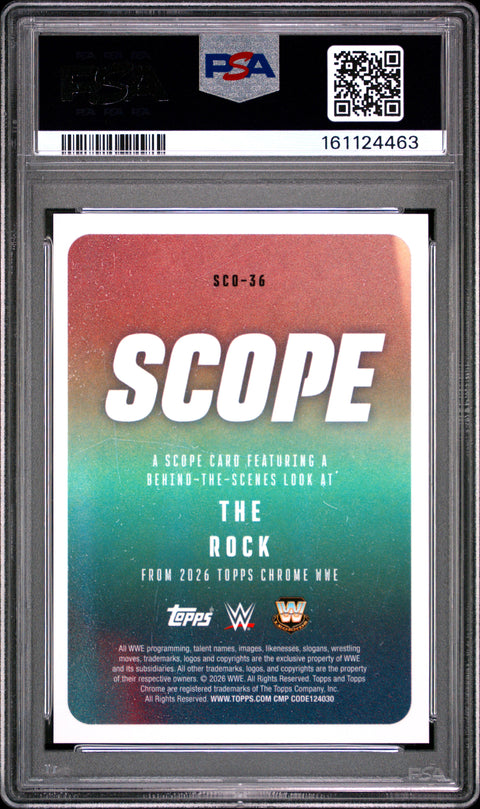 2026 TOPPS CHROME WWE SCOPE #SCO-36 THE ROCK SCOPE-BLACK REFRACTOR PSA 9
