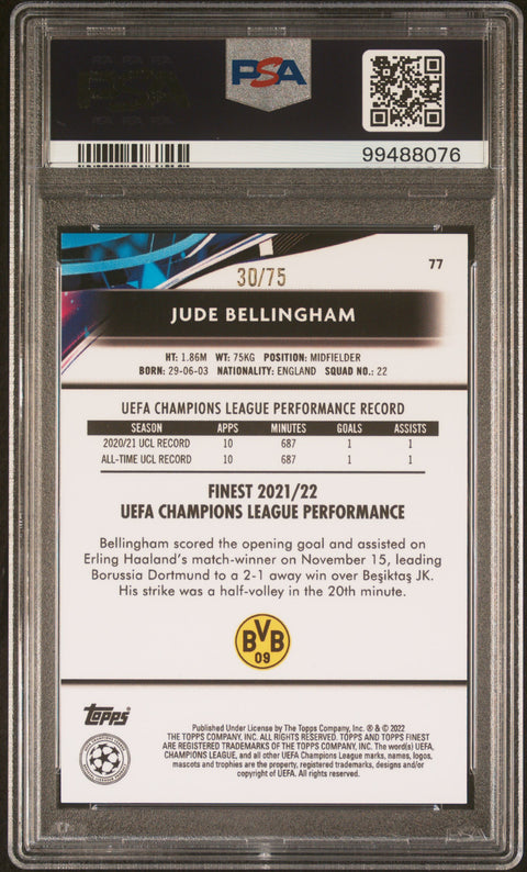 2021-2022 TOPPS FINEST UEFA CHAMPIONS LEAGUE #77 JUDE BELLINGHAM AQUA WAVE REFRACTOR PSA 10